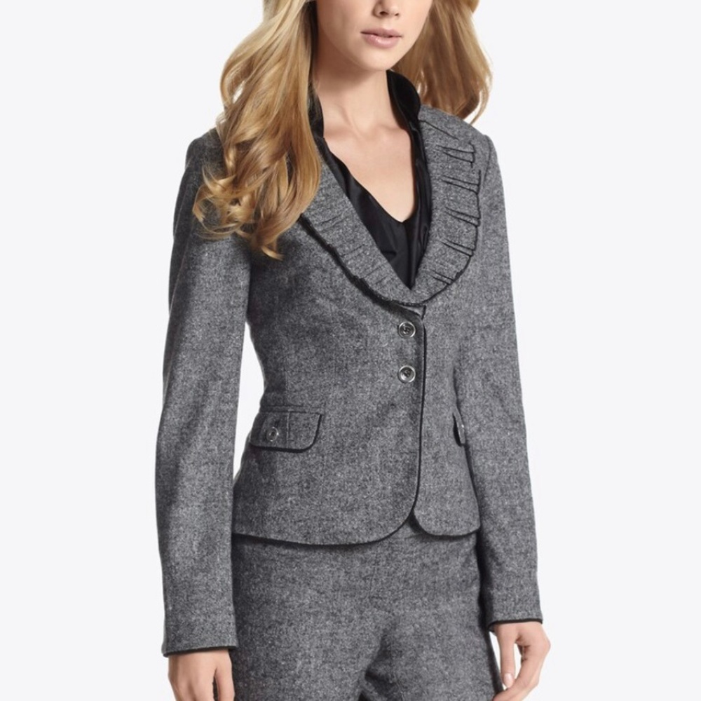 WHBM Ruffle Collar Tweed Silk Blazer Gray 6